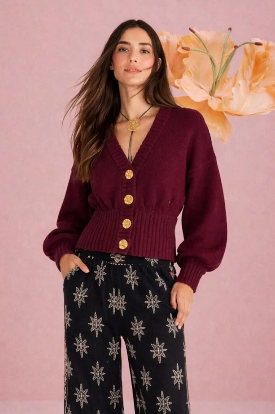 Farm Rio Burgundy Bubble Knit Cardigan